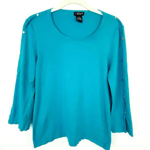 J' Envie New York Womens XL Knit Sweater Tunic Top Turquoise Studs Trim Blouse
